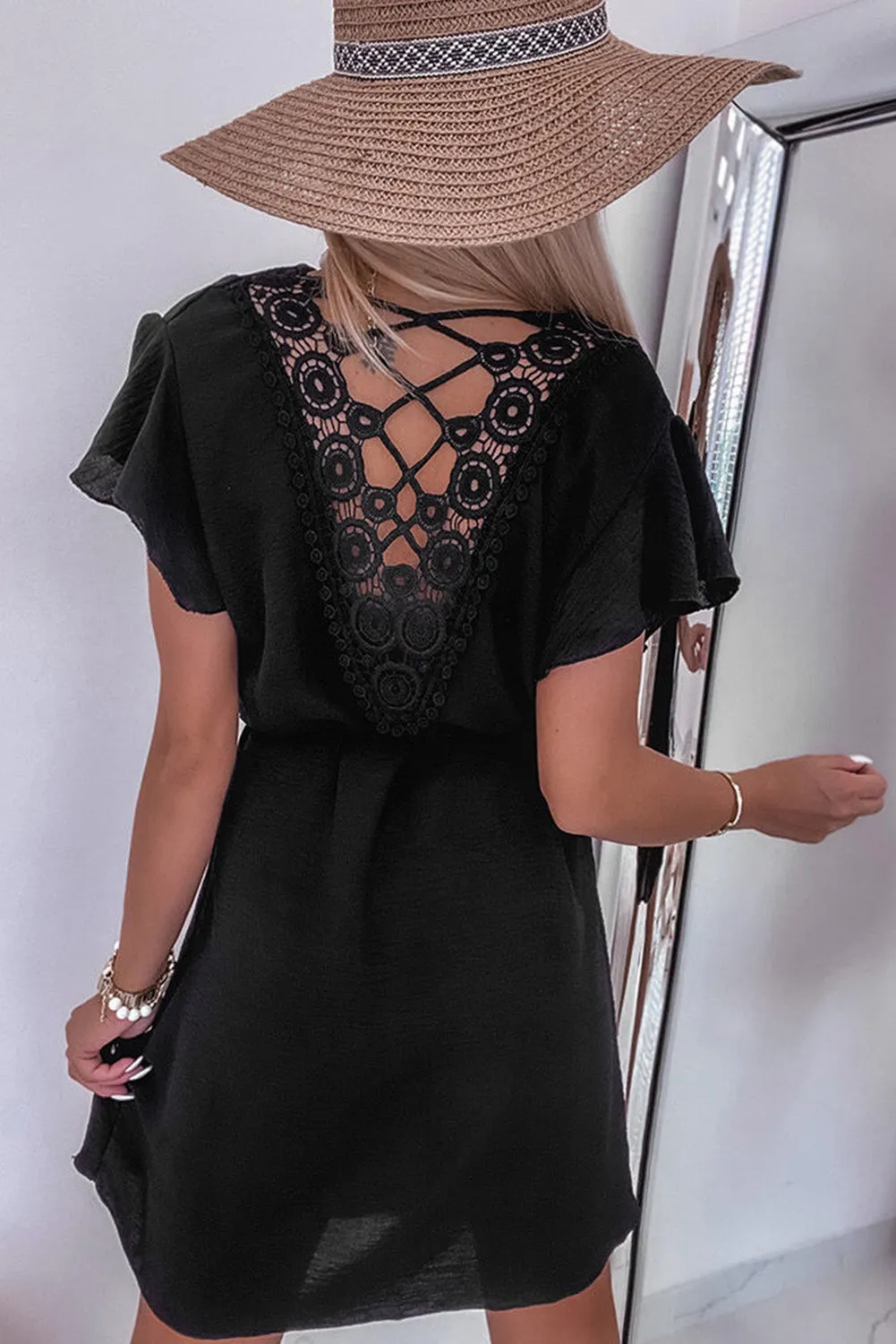 Black Lace Crochet Drawstring High Waist Mini Dress
