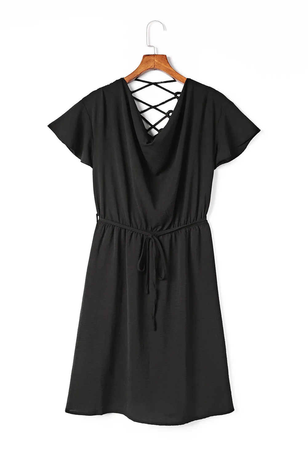 Black Lace Crochet Drawstring High Waist Mini Dress