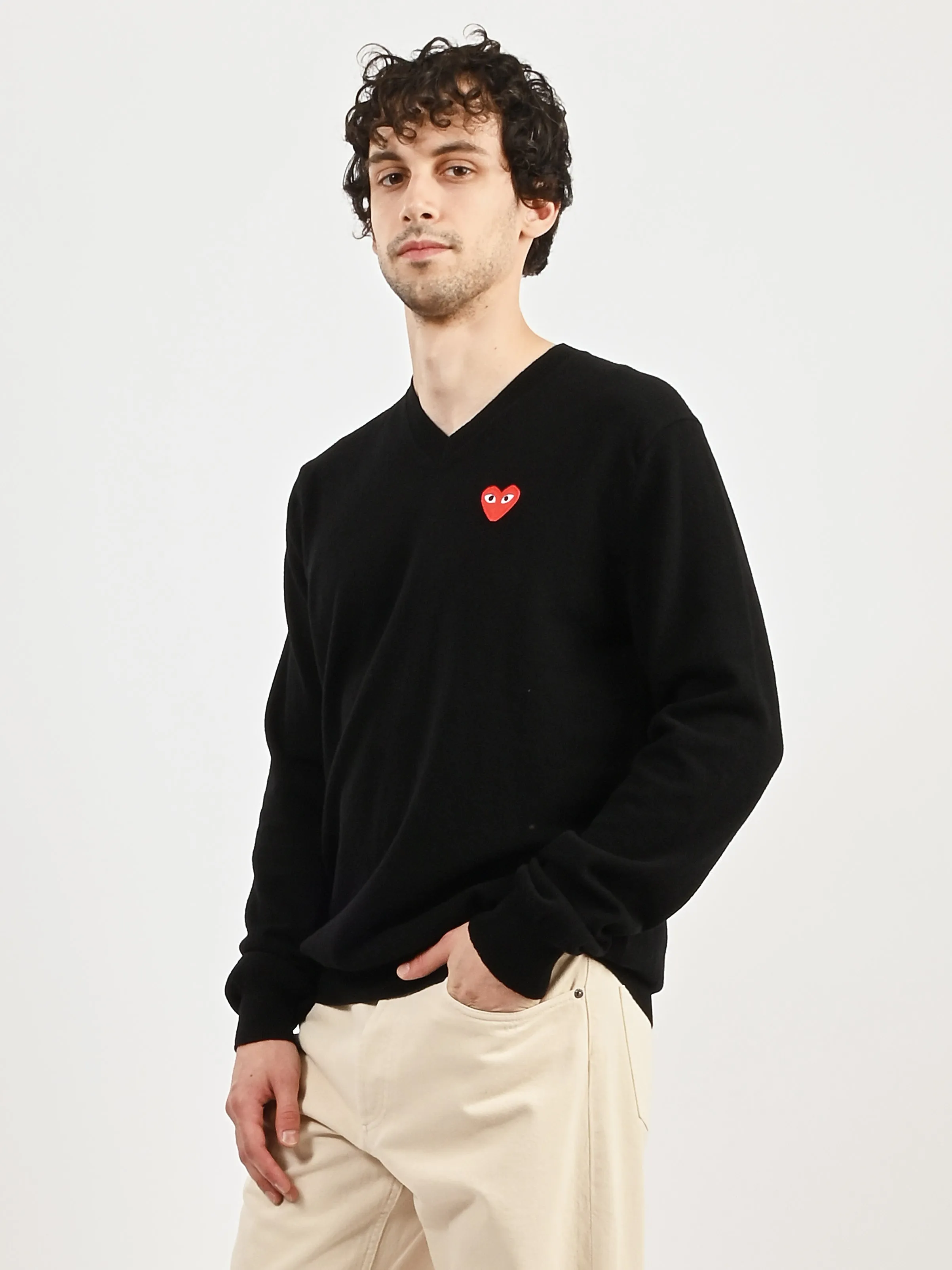 Black Red Heart Play V-Neck Pullover