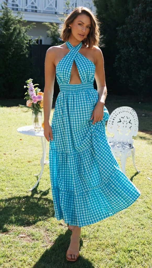 Blue Halter Backless Vacation Party Maxi Dresses