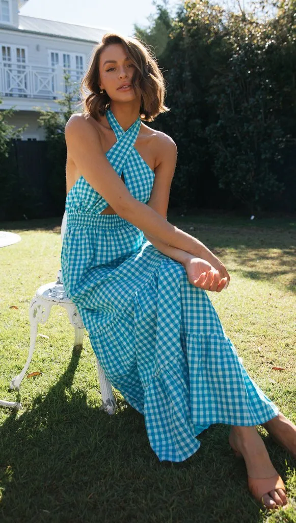 Blue Halter Backless Vacation Party Maxi Dresses