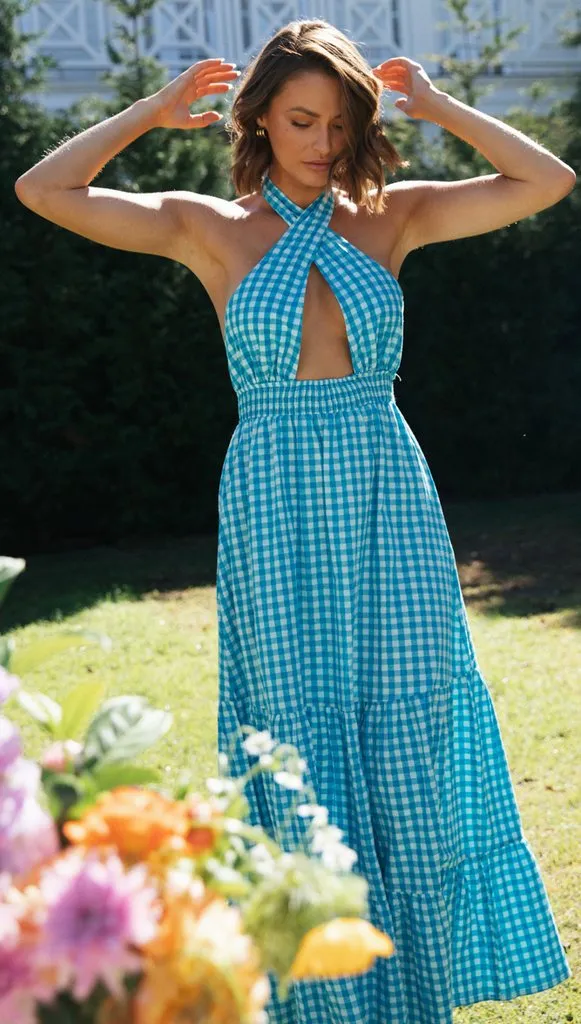 Blue Halter Backless Vacation Party Maxi Dresses