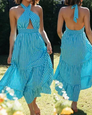 Blue Halter Backless Vacation Party Maxi Dresses