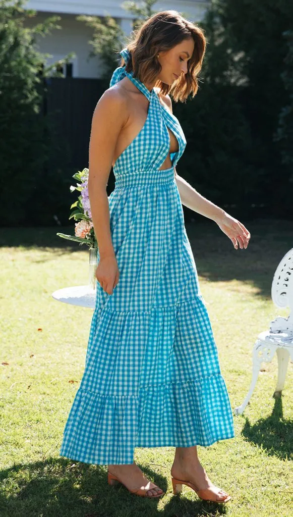 Blue Halter Backless Vacation Party Maxi Dresses