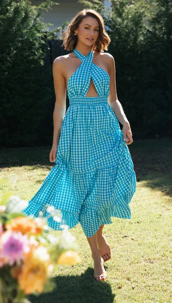 Blue Halter Backless Vacation Party Maxi Dresses