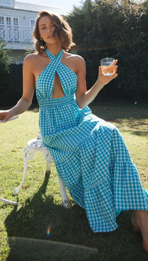 Blue Halter Backless Vacation Party Maxi Dresses