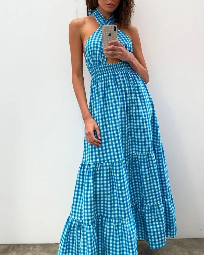 Blue Halter Backless Vacation Party Maxi Dresses