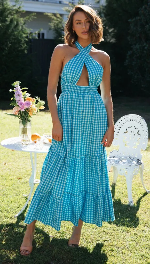 Blue Halter Backless Vacation Party Maxi Dresses