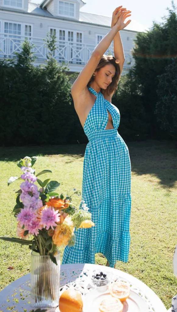 Blue Halter Backless Vacation Party Maxi Dresses