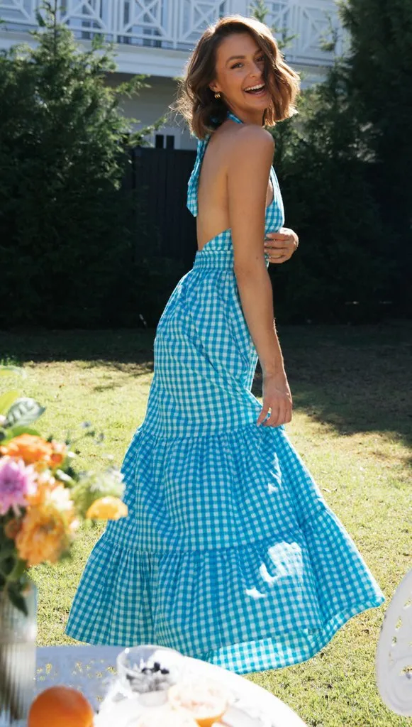 Blue Halter Backless Vacation Party Maxi Dresses