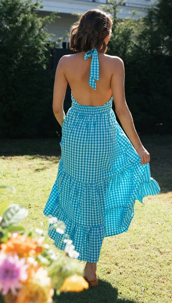 Blue Halter Backless Vacation Party Maxi Dresses