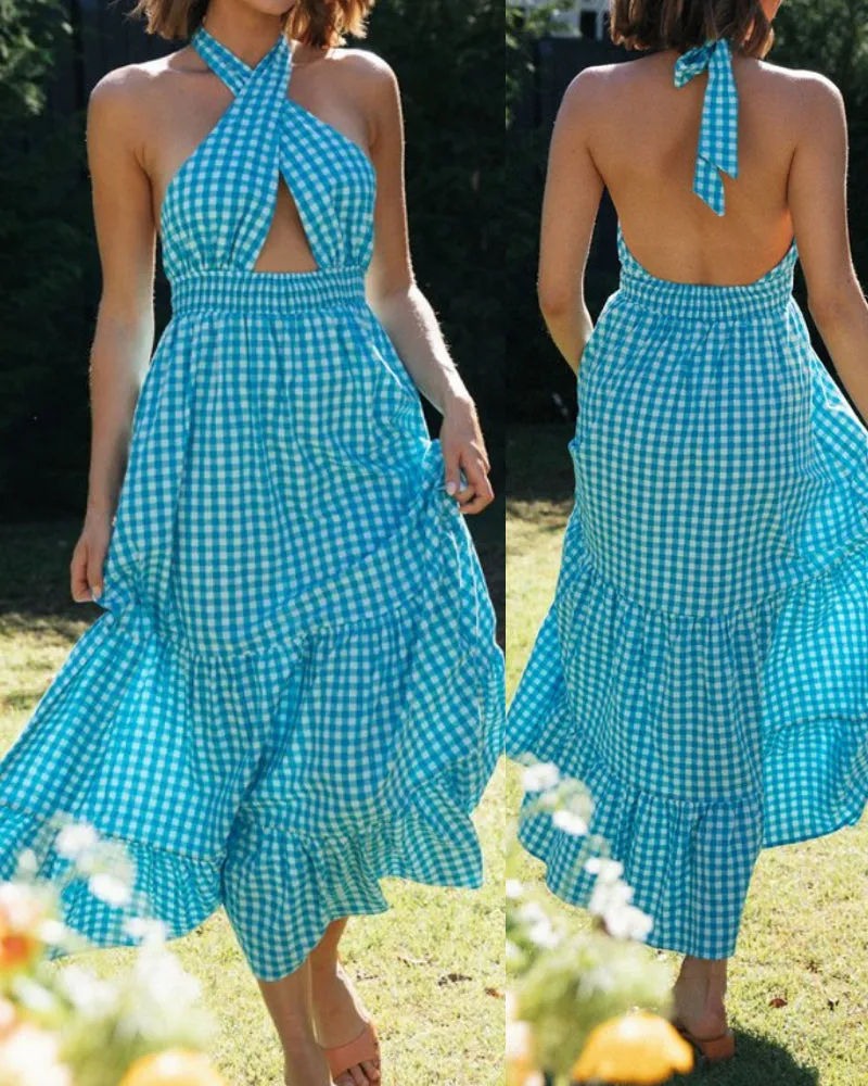 Blue Halter Backless Vacation Party Maxi Dresses