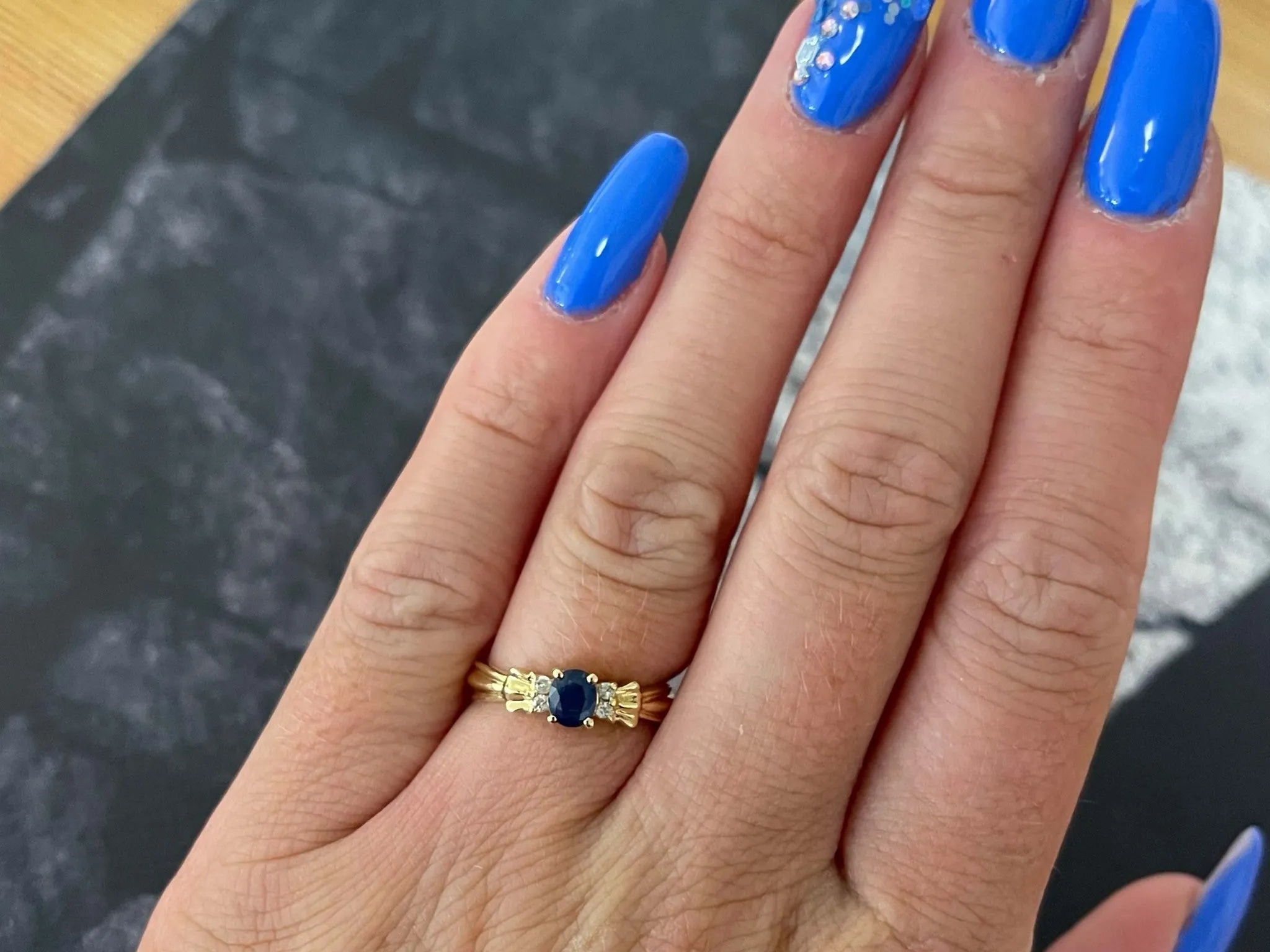Blue Oval Sapphire and Diamond Stackable Ring in 14k Yellow Gold
