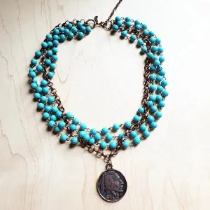 Blue Turquoise Collar-Length Necklace w/ Indian Buffalo Coin