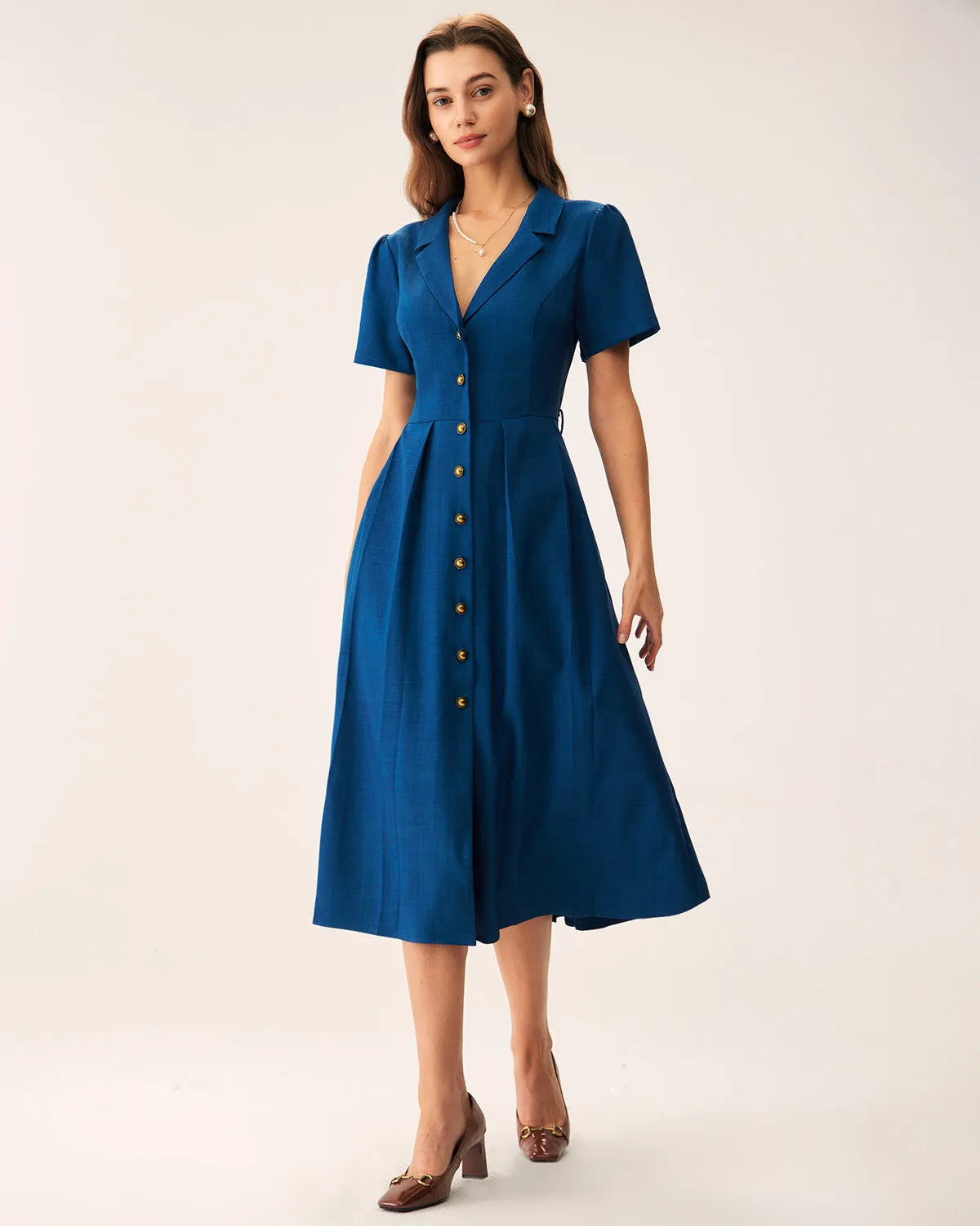Blue V Neck Pleated Button Midi Dress