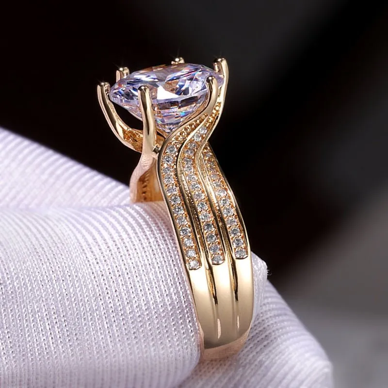 Brilliant Women Zircon Ring Gold Engagement Bridal Jewelry