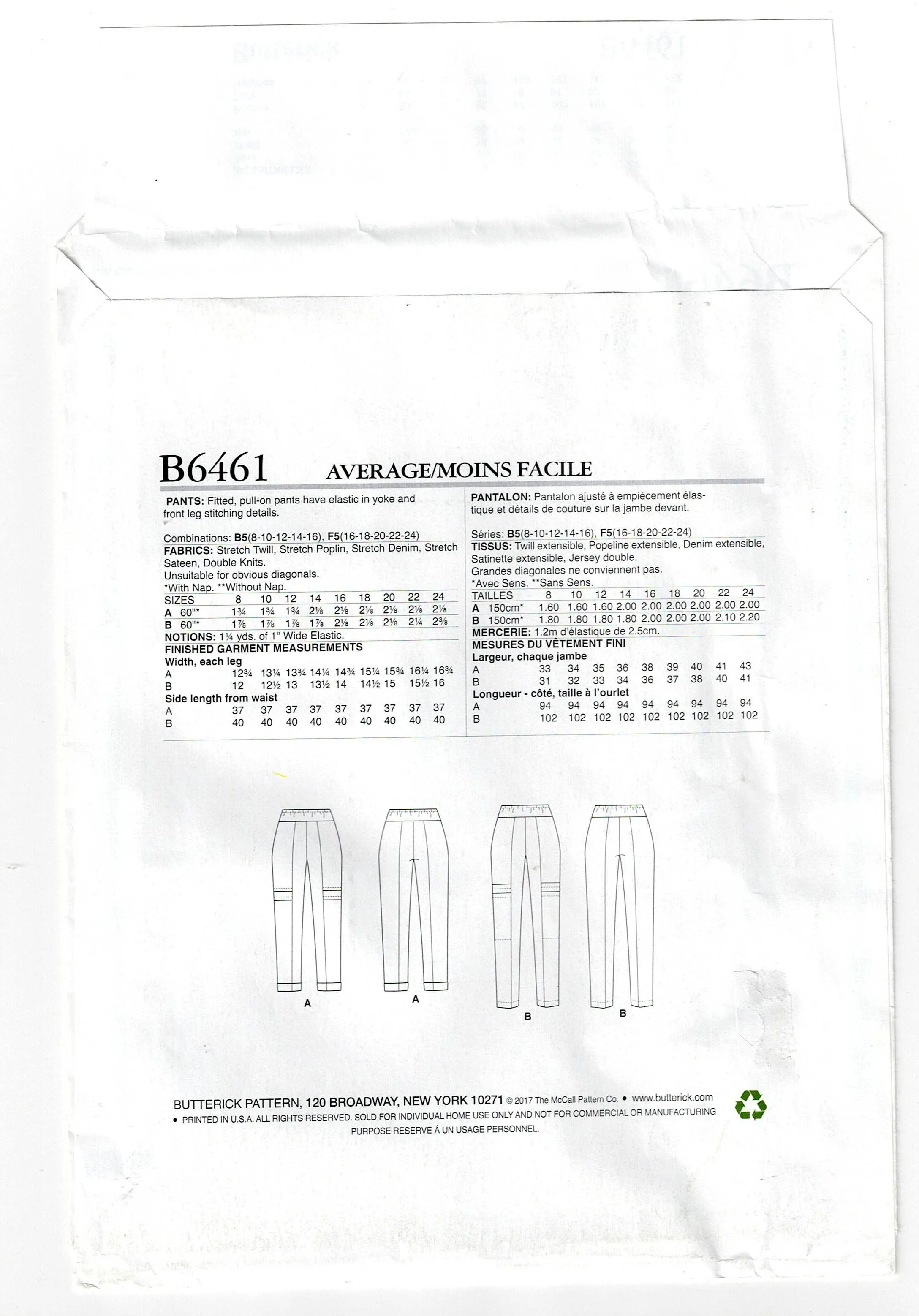 Butterick 6461 Katherine Tilton Womens Fitted Pull On Pants Out Of Print Sewing Pattern Size 8 - 24 UNCUT Factory Folded