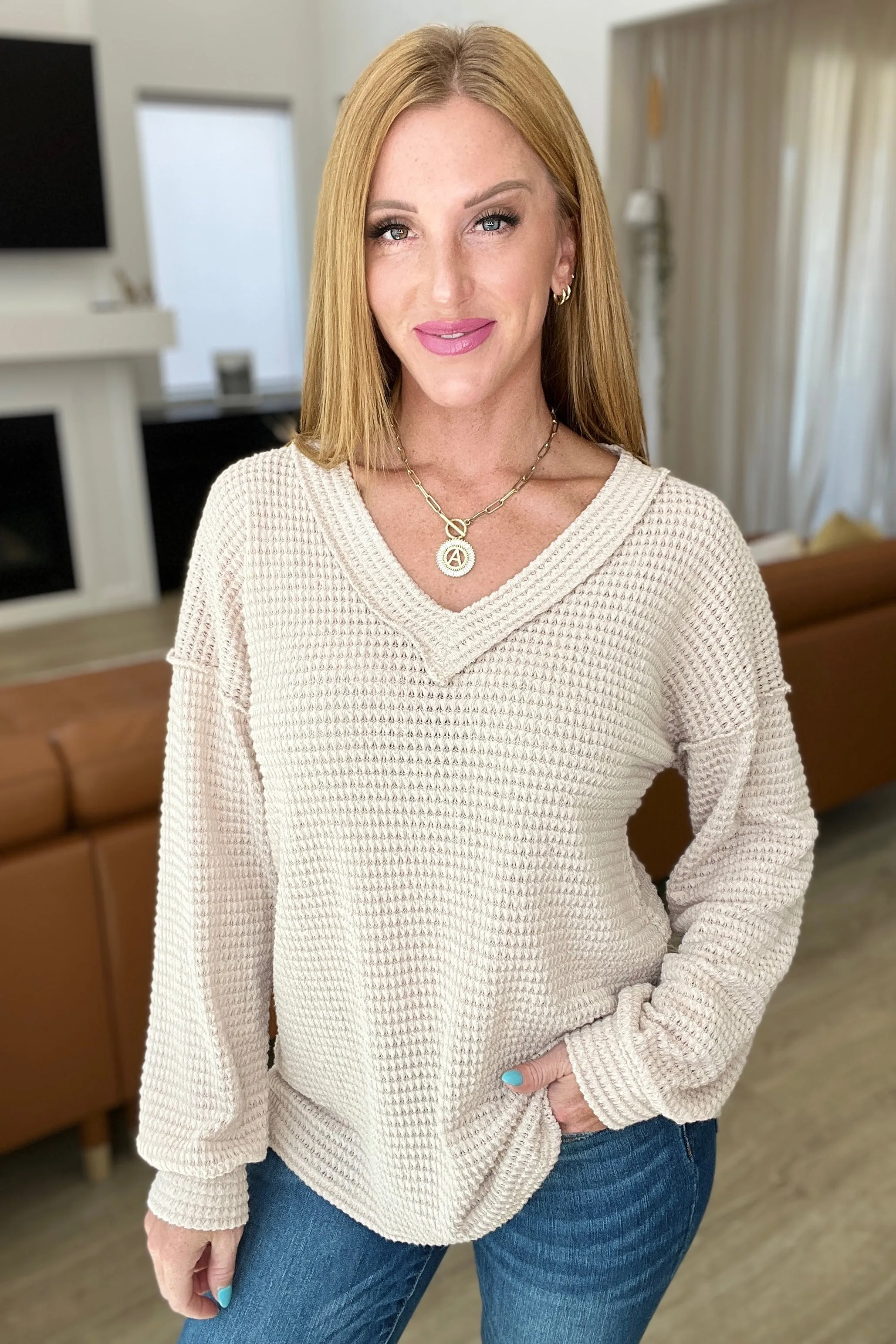 Calm in the Chaos V-Neck Top in Oatmeal