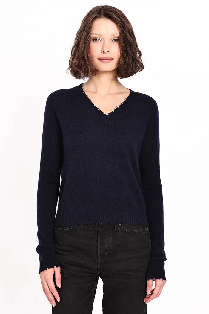 Cashmere Frayed Edge Vee - Navy