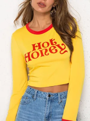 Casual Letter Printed Round Neck Long Sleeve Contrast Color Short T-shirt