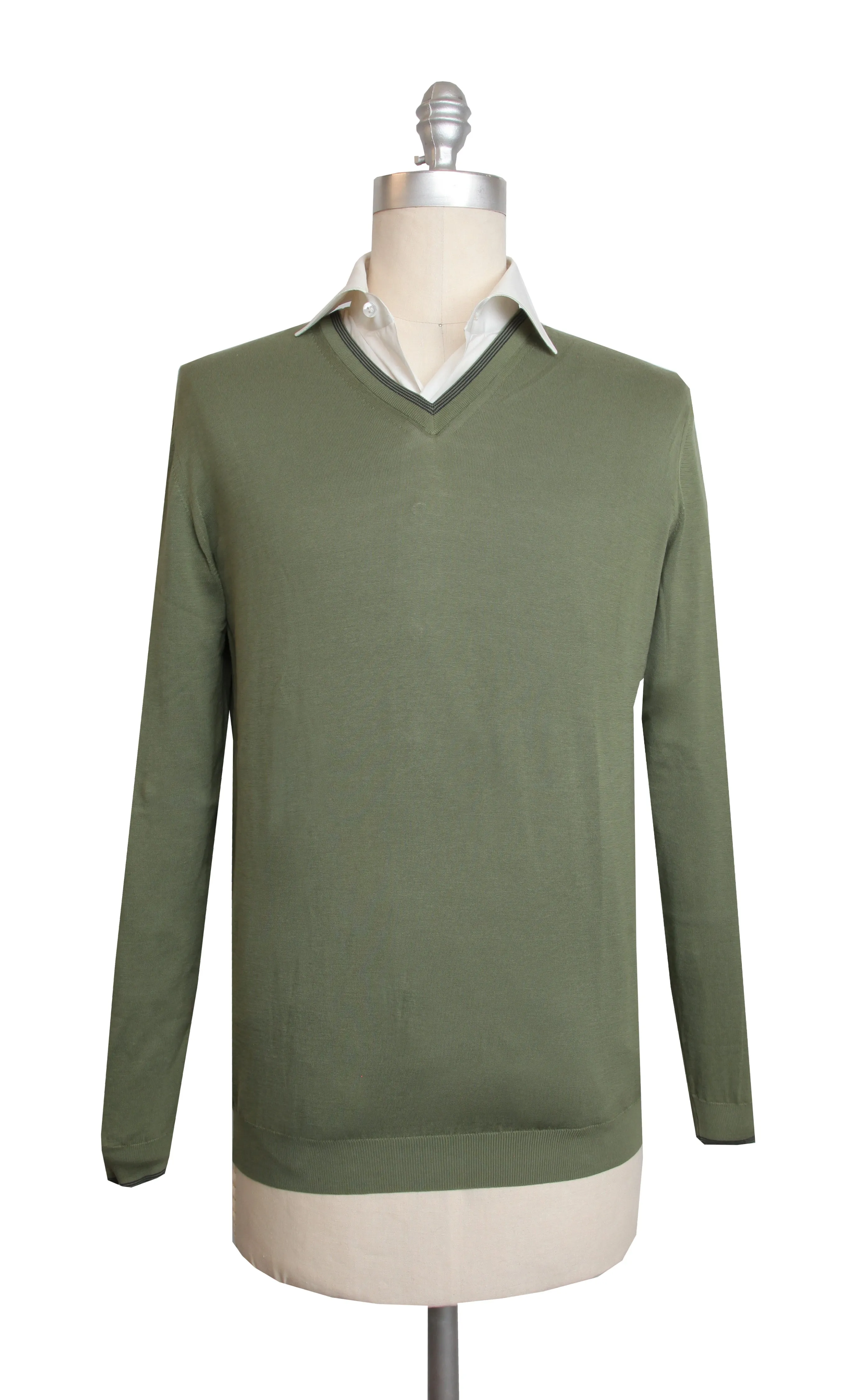 Cesare Attolini Olive Green V-Neck Sweater