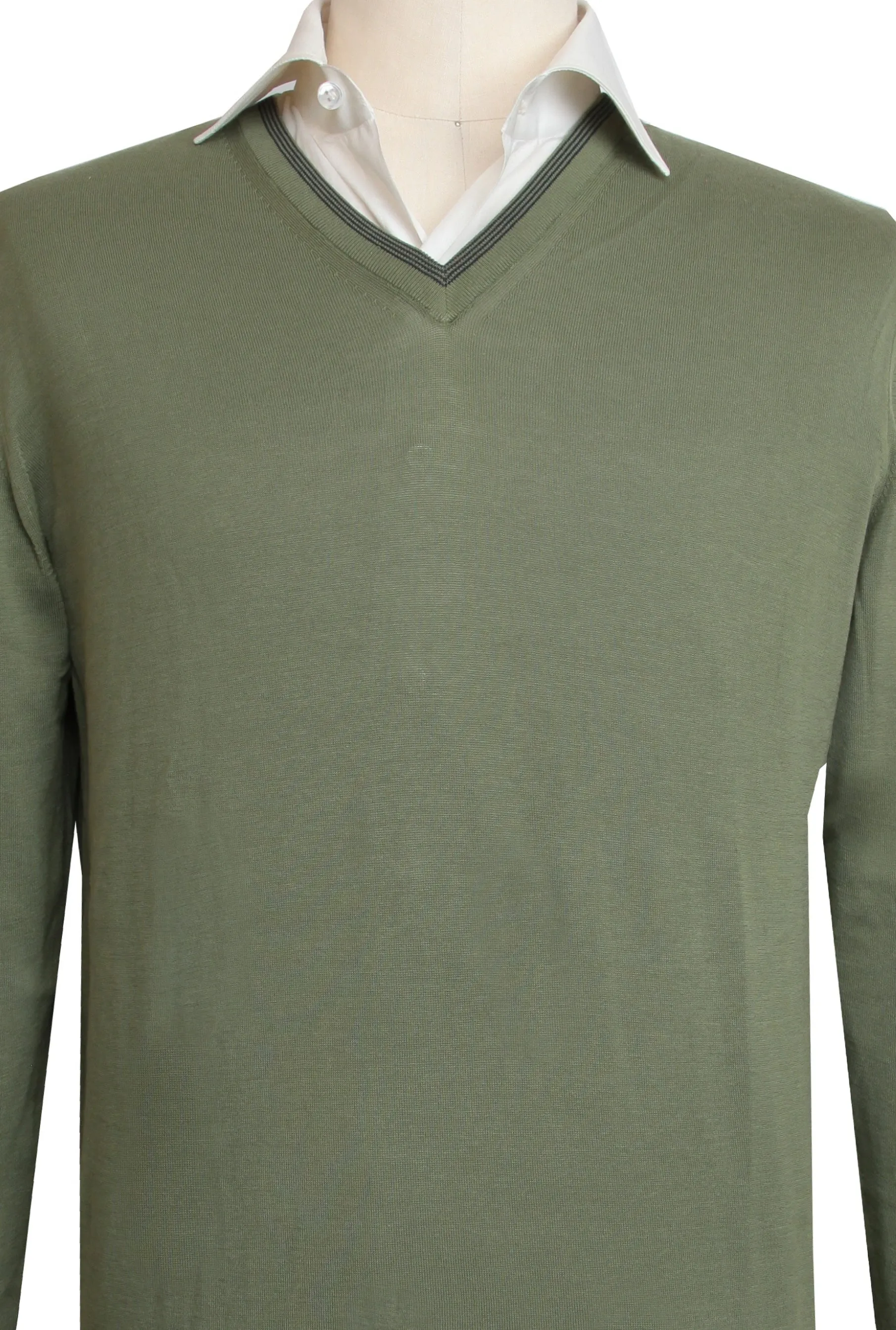 Cesare Attolini Olive Green V-Neck Sweater
