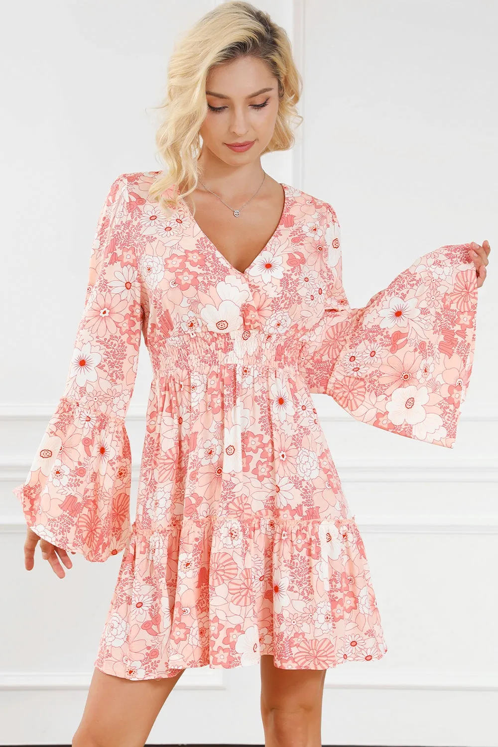 Charlotte Smocked Printed Flare Sleeve Mini Dress