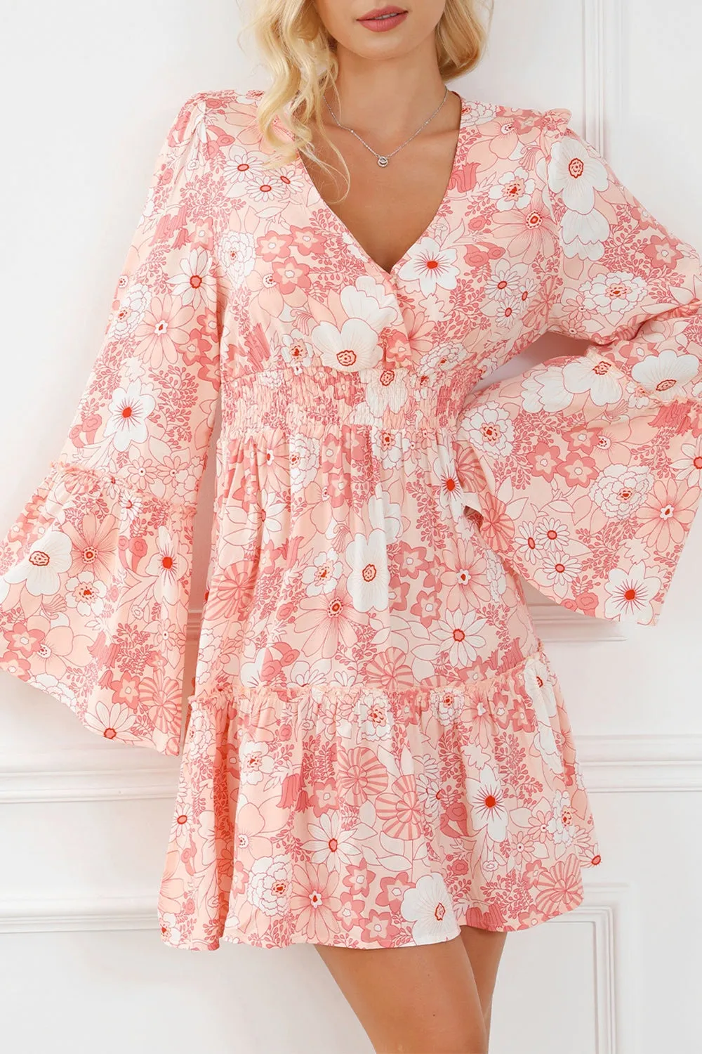 Charlotte Smocked Printed Flare Sleeve Mini Dress