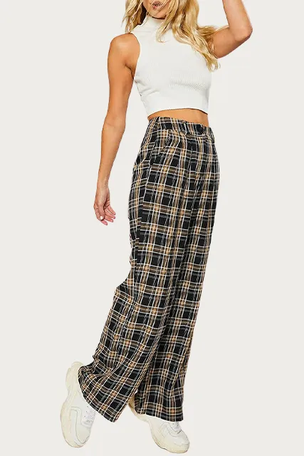 CHECKED COTTON-BLEND TWILL WIDE-LEG PANTS