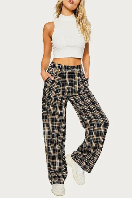 CHECKED COTTON-BLEND TWILL WIDE-LEG PANTS