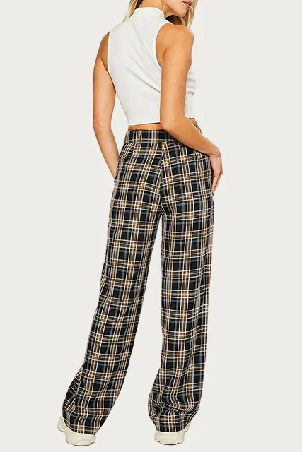 CHECKED COTTON-BLEND TWILL WIDE-LEG PANTS