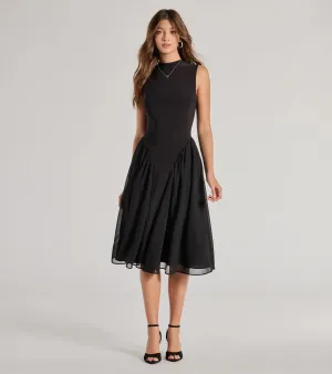 Chic Trendsetter Knit Chiffon Drop Waist Midi Dress