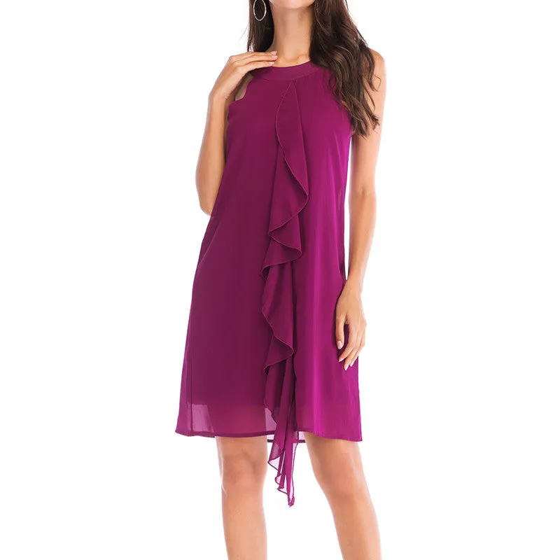 Chiffon Solid Color Off-Shoulder Sleeveless Tank Dress