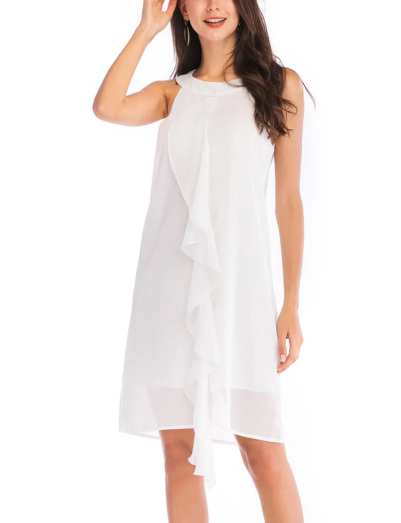 Chiffon Solid Color Off-Shoulder Sleeveless Tank Dress