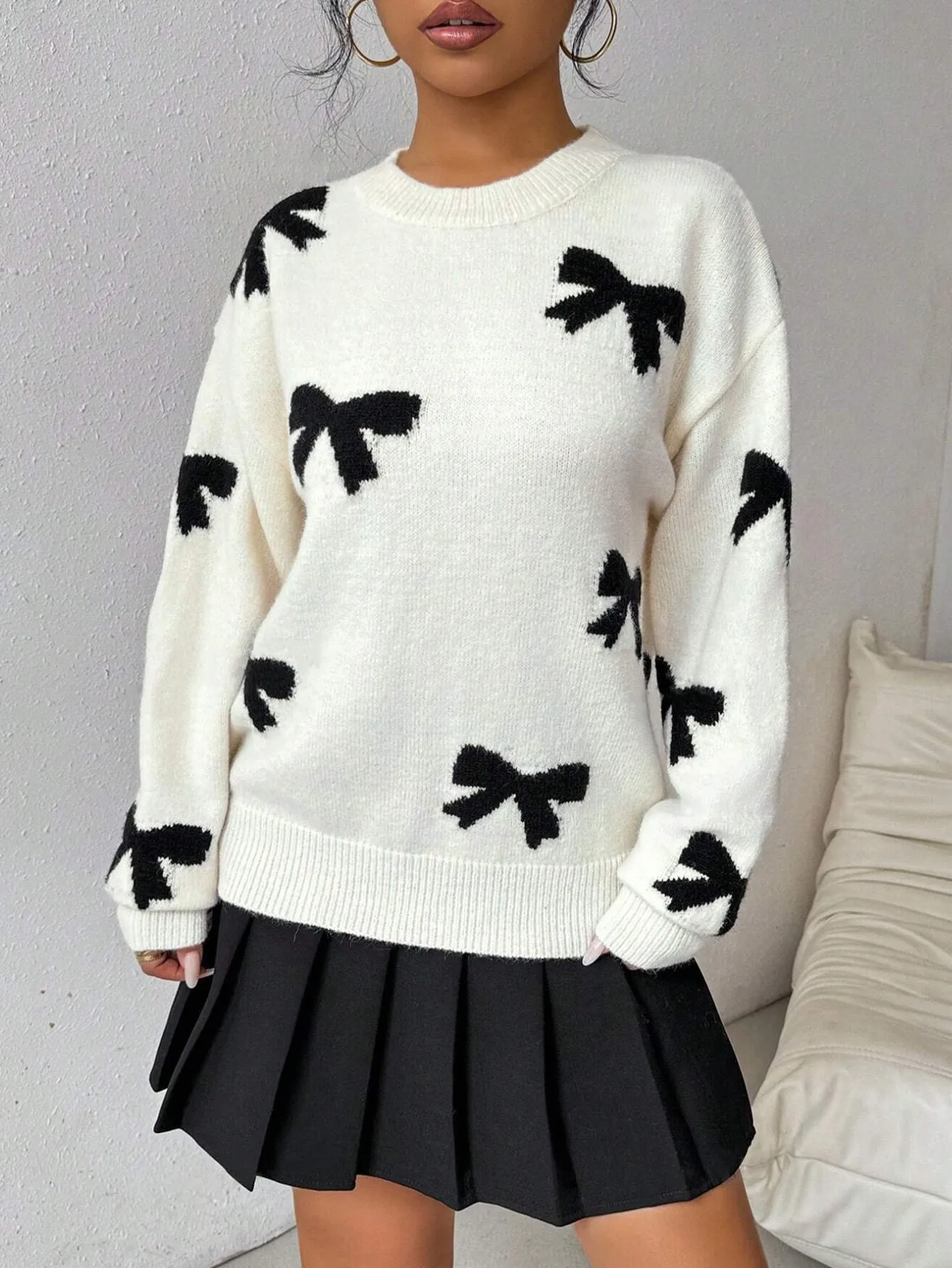 Christmas Bow Long Sleeve Vintage Y2k Knitted Sweater
