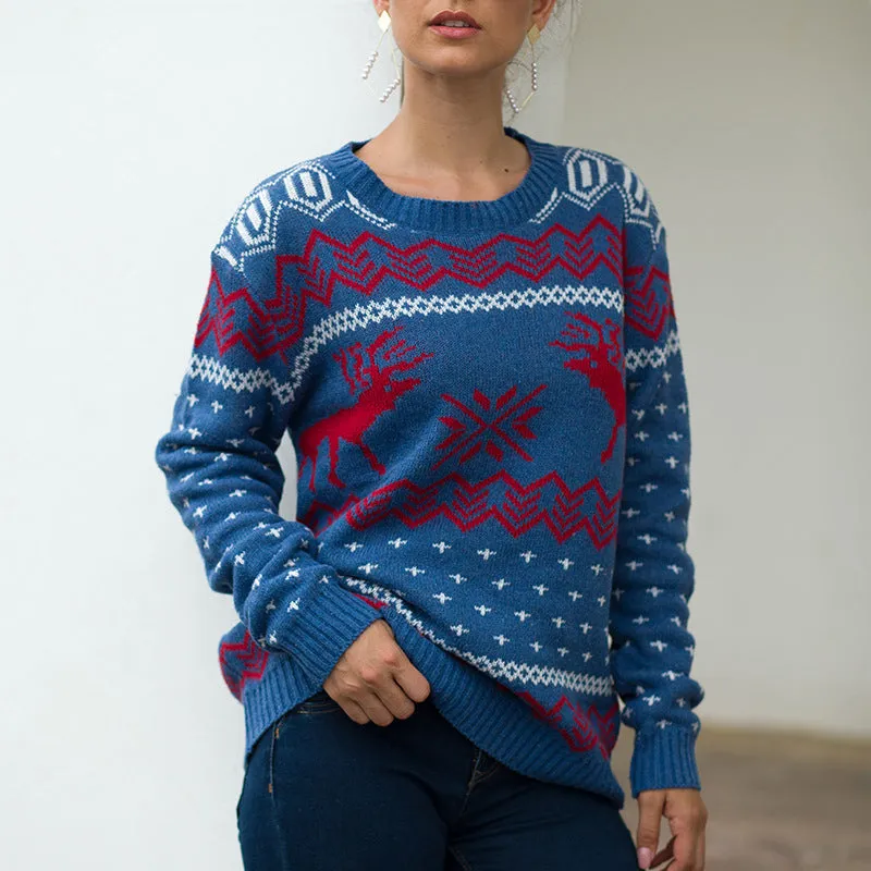 Christmas Knitwear Snowflake Fawn Jacquard Long Sleeve Pullover