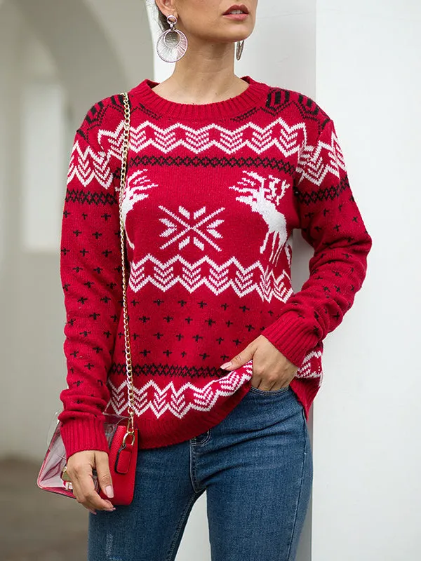 Christmas Knitwear Snowflake Fawn Jacquard Long Sleeve Pullover