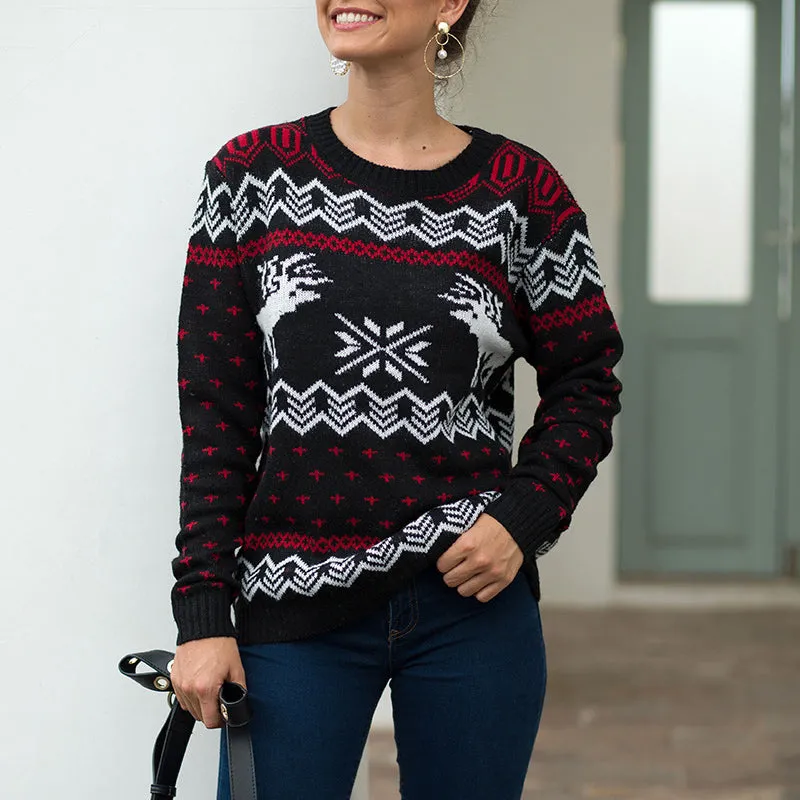 Christmas Knitwear Snowflake Fawn Jacquard Long Sleeve Pullover