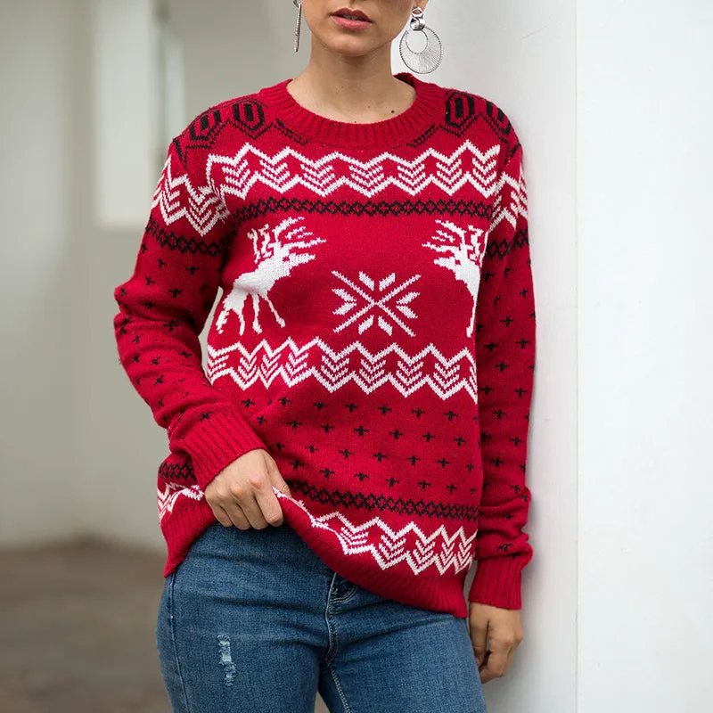 Christmas Knitwear Snowflake Fawn Jacquard Long Sleeve Pullover