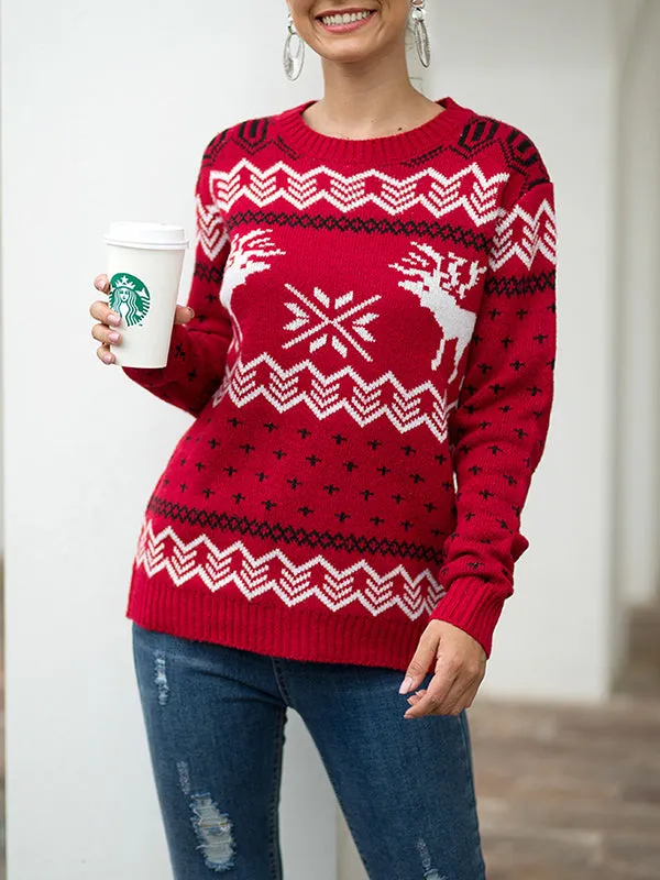 Christmas Knitwear Snowflake Fawn Jacquard Long Sleeve Pullover