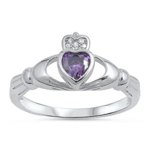 Claddagh Heart Amethyst CZ Promise Ring New .925 Sterling Silver Band Sizes 4-10