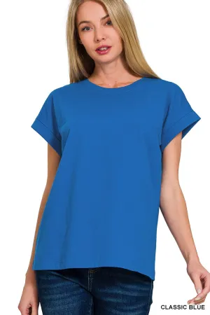 Classic Blue Cotton Rolled Sleeve Top