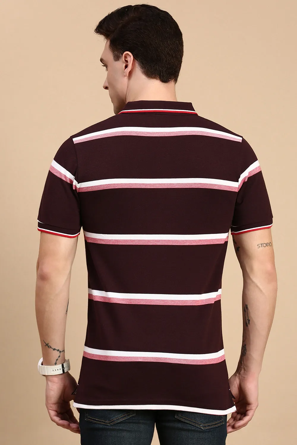 Classic Polo Men's Half Sleeve Burgundy/White Polo Neck Slim Fit Striped T-Shirt | ADORE - 225 A SF P