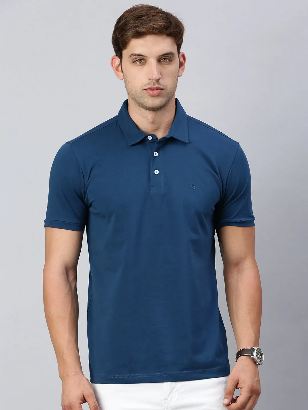 Classic Polo Men's Half Sleeve Dr.Blue Polo Neck Cotton Slim Fit T Shirt | PRM - 799 A SF P