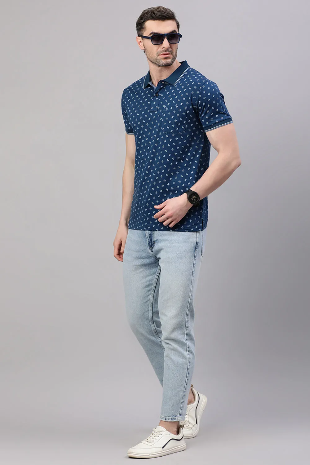 Classic Polo Men's Half Sleeve Navy Blue Polo Neck Slim Fit All-Over Print T-Shirt