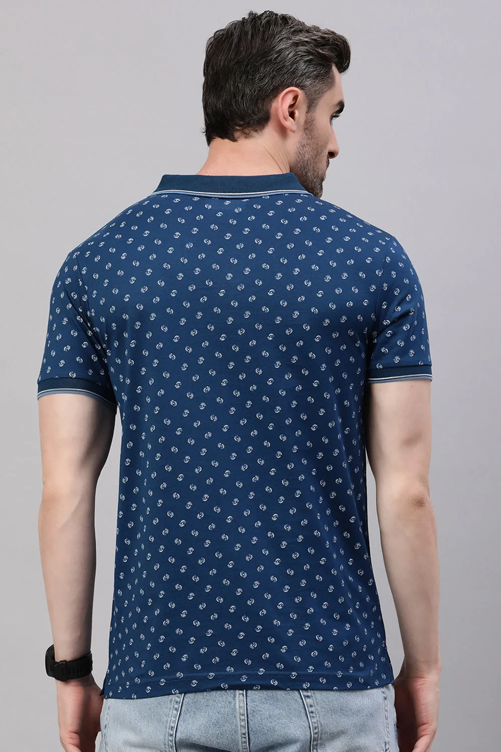Classic Polo Men's Half Sleeve Navy Blue Polo Neck Slim Fit All-Over Print T-Shirt