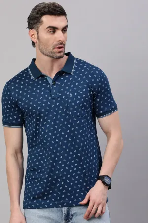 Classic Polo Men's Half Sleeve Navy Blue Polo Neck Slim Fit All-Over Print T-Shirt