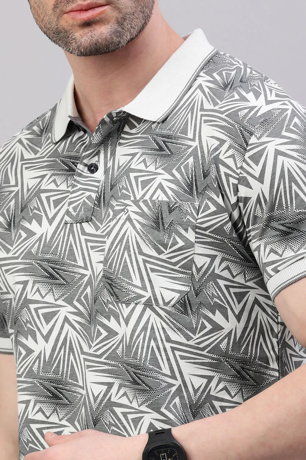 Classic Polo Men's Half Sleeve White/Grey Polo Neck Slim Fit All-Over Print T-Shirt