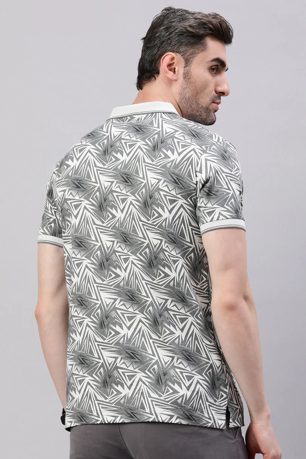 Classic Polo Men's Half Sleeve White/Grey Polo Neck Slim Fit All-Over Print T-Shirt