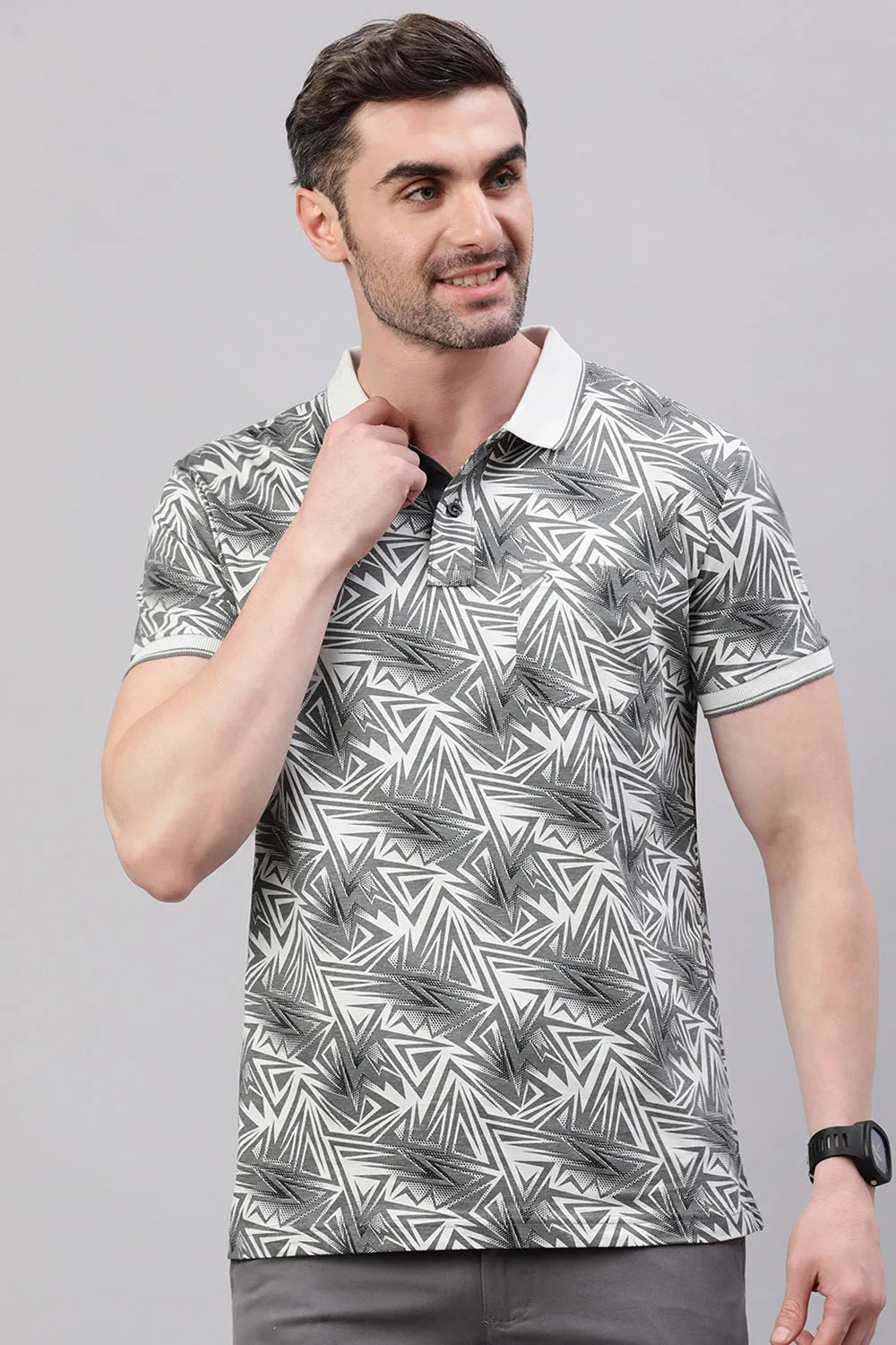 Classic Polo Men's Half Sleeve White/Grey Polo Neck Slim Fit All-Over Print T-Shirt